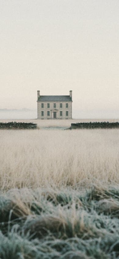 A pale stone house alone in a frosted field, with a low dry-stone wall in front and mist behind